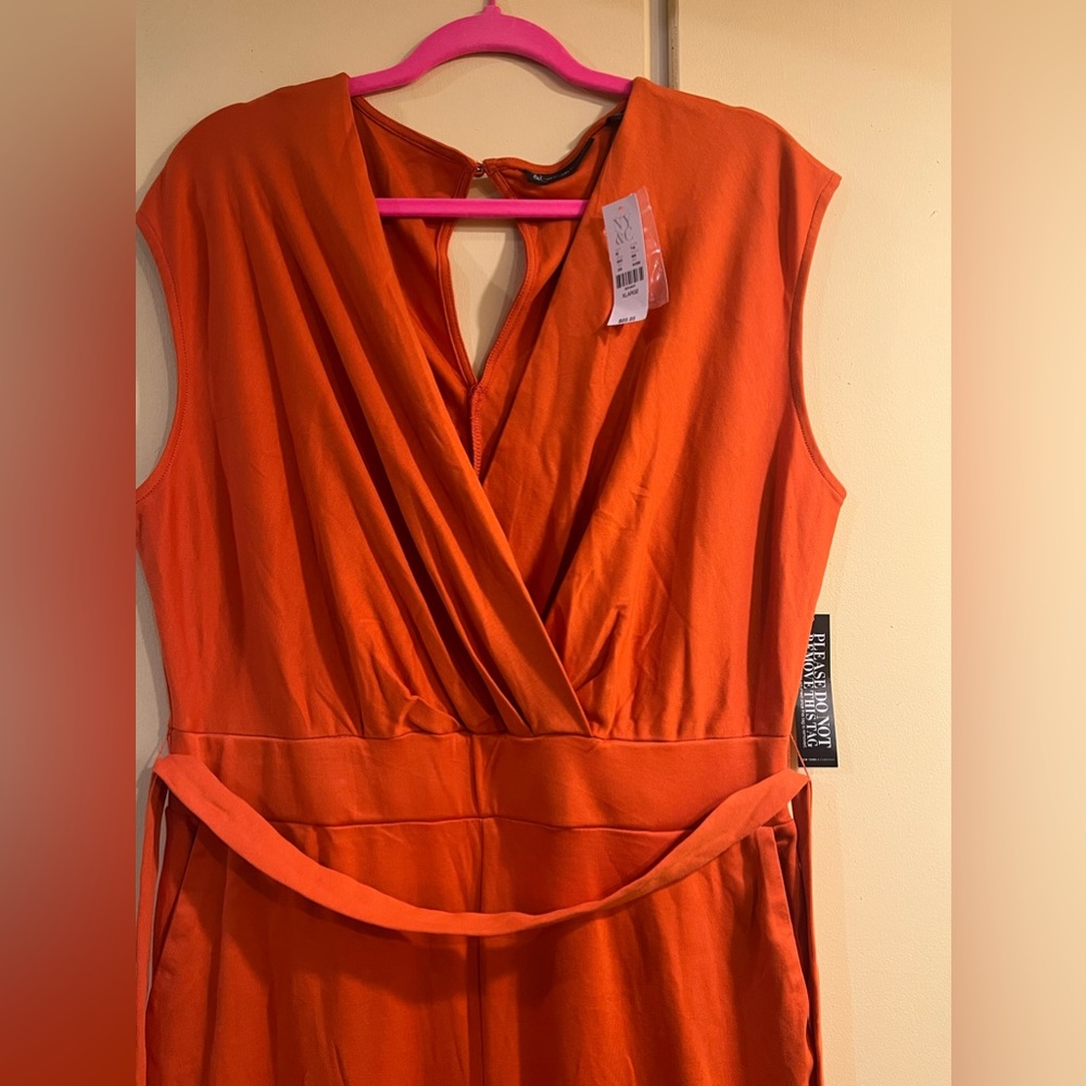 NY&C orange jumpsuit with belt and pockets.